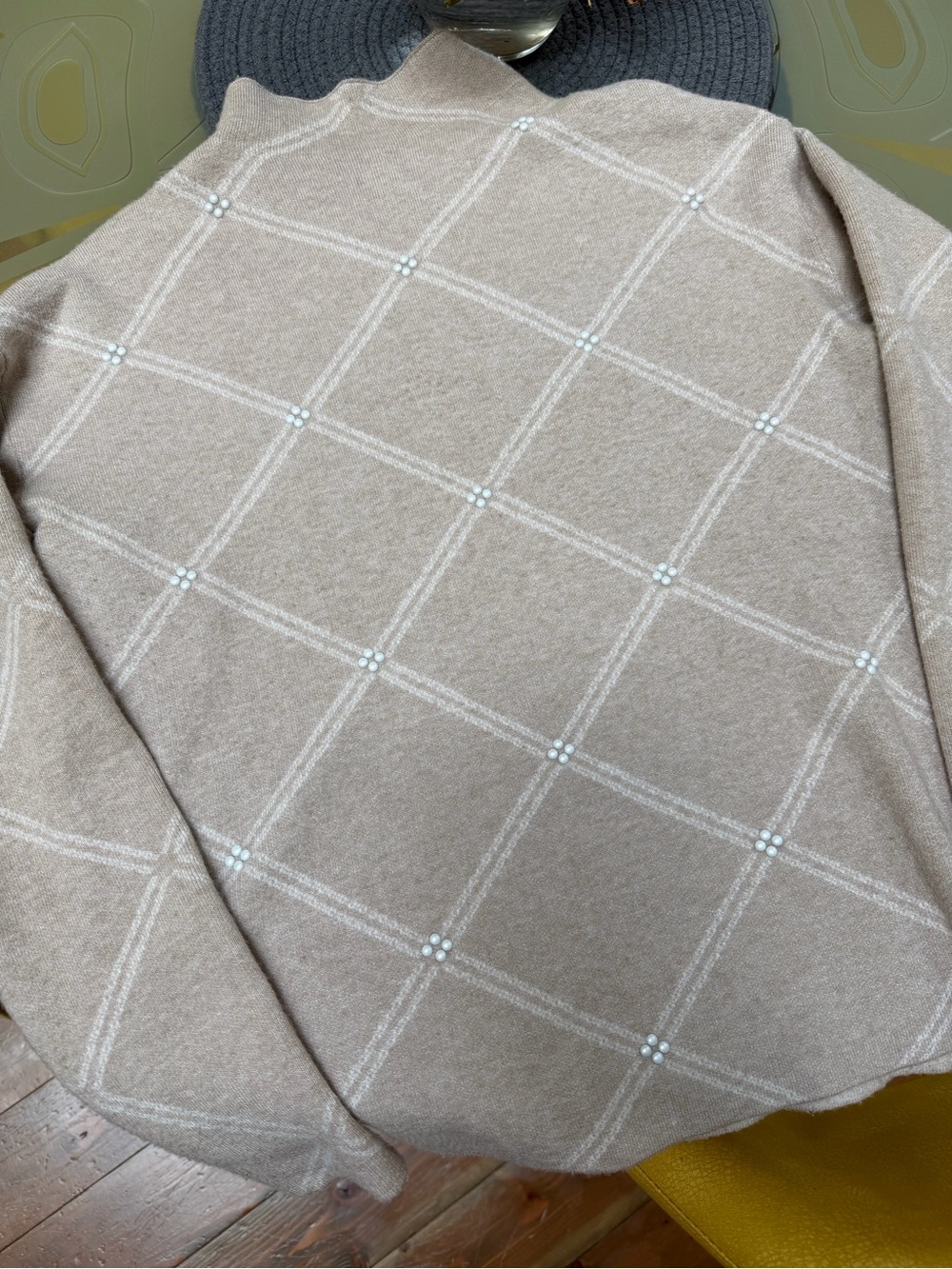 Christian Siriano Beige Plaid Turtleneck Sweater with Pearl Accent